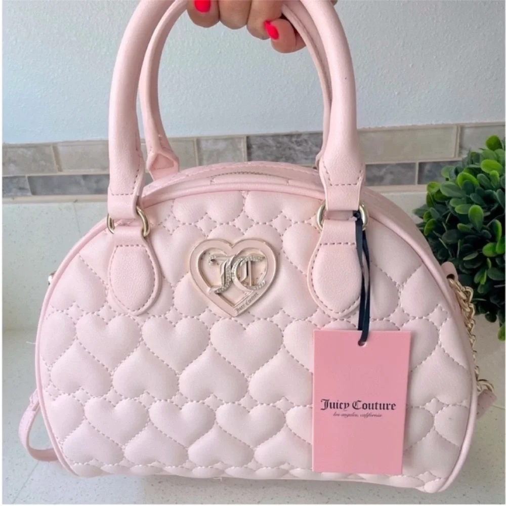 NEW Juicy Couture Pink Heart Quilted‎ Satchel Crossbody Bag Rhinestone JC Logo
